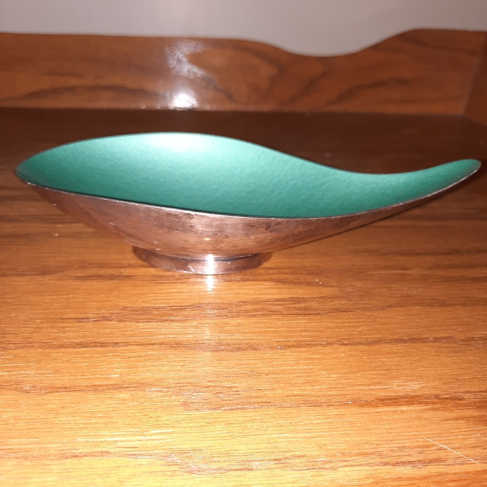 REED & BARTON 64 Vintage Trinket Silver Green Enamel Candy Bowl